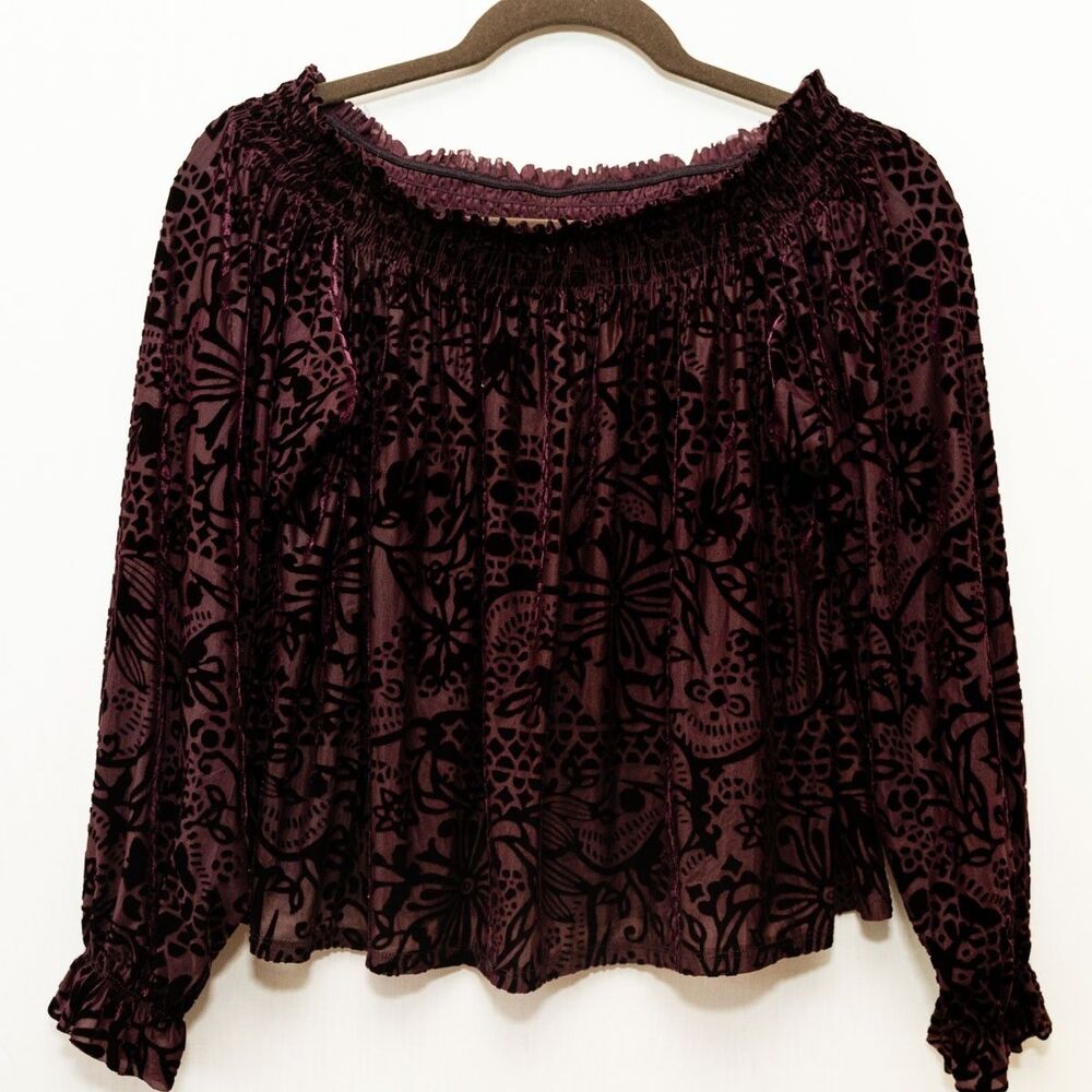 Free People Sweet Jane burgundy velvet burnout peasant whimsigoth‎ blouse XS